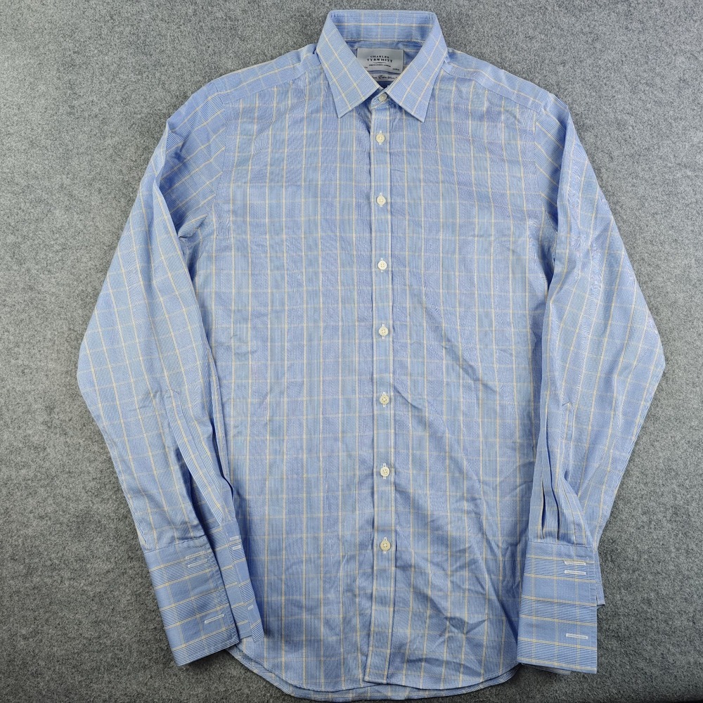 Charles Tyrwhitt Dress Shirt Mens 15.5 35 Non Iron Extra Slim Fit Blue Yellow
